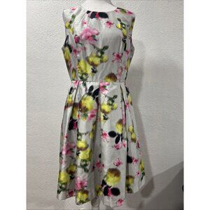 VTG Liz Claiborne Dress Womens 10 Yellow Pink Floral Metallic Pleated Mini Read